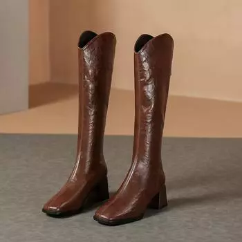 Женские квадратные сапоги на высоком каблуке из мягкой кожи в стиле ретро коричневого цвета 2023 г. size 39, velvet lining коричневый