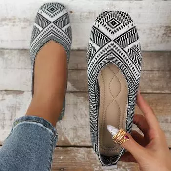 Женские квадратные вязаные вышитые дышащие повседневные туфли на плоской подошве с одним ногой 35 чёрный