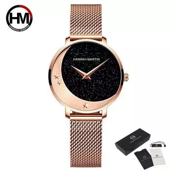 Женские кварцевые часы Hannah Martin, дизайнерская модель, поступление, Япония MIYOTA 2035, кварцевые наручные часы с луной, звездами, ночными вспышками, часы для женщин розового золота
