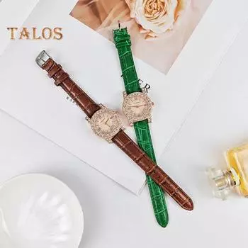 Женские кварцевые часы Круглый циферблат со стразами Римский стиль Сплав без задержки Регулируемый ремешок из искусственной кожи Контроль времени Высокоточные наручные часы Бизнес зелёный