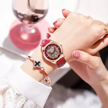 Женские кварцевые часы, модные, светящиеся, полые, мечтательные, бабочки, водонепроницаемые, инкрустированные бриллиантами, часы-календарь, праздничный подарок красный