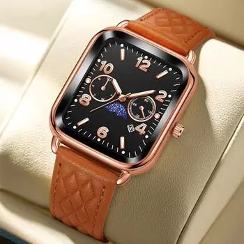 Женские кварцевые часы, наручные часы с кожаным ремешком и датой