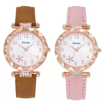 Женские кварцевые часы с цветочным циферблатом и кожаным ремешком, женские наручные часы со стразами белый