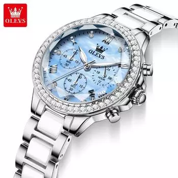 Женские кварцевые часы с керамическим ремешком, многофункциональный дисплей, классические женские наручные часы, водонепроницаемые часы для девочек, подарок синий/серебряный