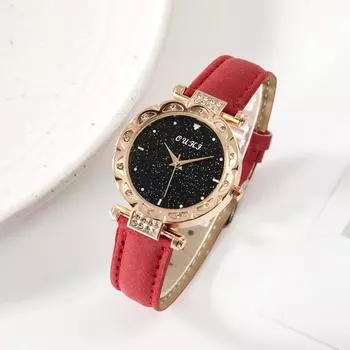 Женские кварцевые часы с кожаным ремешком со звездным циферблатом коричневый