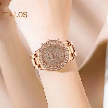 Женские кварцевые часы с круглым циферблатом и стразами, три глаза из нержавеющей сплава, проверка времени, высокая точность, женские наручные часы, одежда для ежедневных вечеринок, офиса и свиданий розового золота