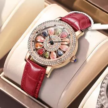 Женские кварцевые часы с вращающимся циферблатом из розового золота, инкрустированные бриллиантами и драгоценными камнями, модные водонепроницаемые кварцевые часы для женщин чёрный