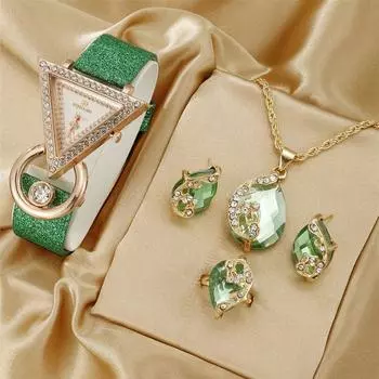 Женские кварцевые часы со стразами, ожерелье, серьги, кольцо, комплект ювелирных изделий