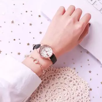 Женские кварцевые часы со светящейся стрелкой и изображением кошки на отметке «7 часов» и «6 часов» Six-point cat gradient синий