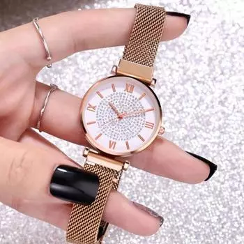 Женские кварцевые наручные часы со стразами и магнитным круглым циферблатом, браслет розового золота