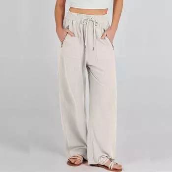 Женские льняные брюки, летние повседневные широкие брюки с высокой талией, эластичные пляжные брюки палаццо со шнурком, свободные брюки с карманами L белый