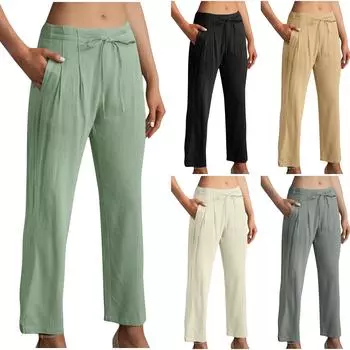 Женские льняные брюки, летние повседневные широкие брюки, свободные модные брюки-палаццо с высокой талией на шнурке и карманами L бежевый