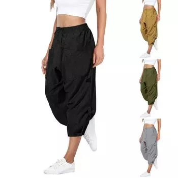 Женские льняные брюки, летние женские повседневные свободные спортивные штаны на шнурке с эластичной резинкой на талии, укороченные широкие брюки с украшением на пуговицах XL серый