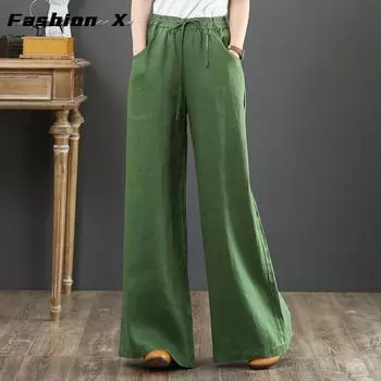 Женские льняные брюки на резинке в стиле ретро, большие размеры, летние женские полосатые модные свободные брюки, широкие свободные брюки большого размера S чёрный