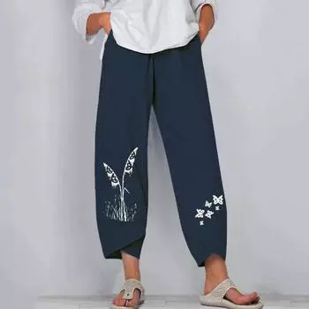 Женские льняные брюки с градиентным рисунком и эластичной талией, повседневные летние свободные классные уличные брюки с карманами L тёмно-синий
