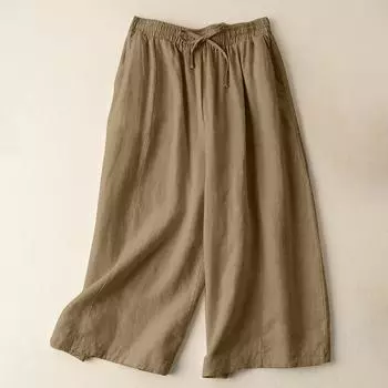 Женские льняные брюки с градиентным рисунком и эластичной талией, повседневные летние свободные классные уличные брюки с карманами L жёлтый