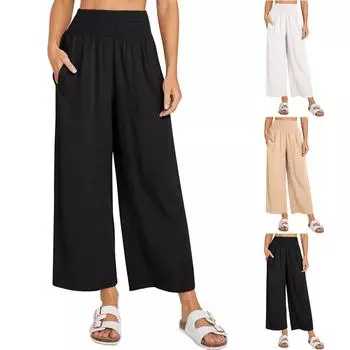 Женские льняные брюки с широкими штанинами, эластичные брюки-палаццо с высокой талией, повседневная свободная одежда для пляжного отдыха с карманами XXL бежевый
