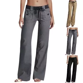 Женские льняные брюки с широкими штанинами, эластичные брюки-палаццо с высокой талией, повседневная свободная одежда для пляжного отдыха с карманами M бежевый