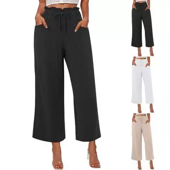 Женские льняные брюки с широкими штанинами, эластичные брюки-палаццо с высокой талией, повседневная свободная одежда для пляжного отдыха с карманами M чёрный