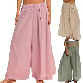 Женские льняные брюки с широкими штанинами, эластичные брюки-палаццо с высокой талией, повседневная свободная одежда для пляжного отдыха с карманами M коричневый
