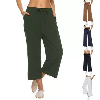 Женские льняные брюки с широкими штанинами, эластичные брюки-палаццо с высокой талией, повседневная свободная одежда для пляжного отдыха с карманами L белый