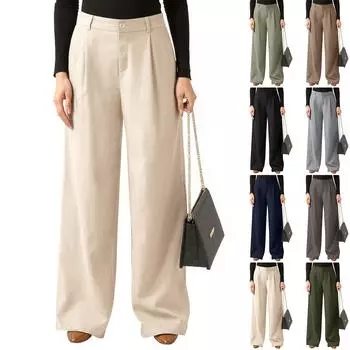 Женские льняные брюки, широкие рабочие брюки, повседневные брюки, деловые брюки с карманами XL тёмно-синий