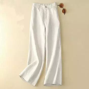 Женские льняные брюки широкого кроя, тонкие повседневные однотонные длинные брюки, эластичные, с высокой талией, свободные прямые брюки из хлопка и льна XXXL белый