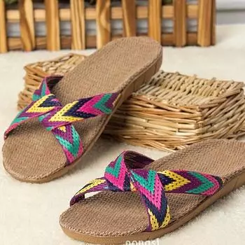 Женские льняные домашние напольные туфли с перекрестным поясом, бесшумные потные тапочки для сандалий 35-36 фиолетовый