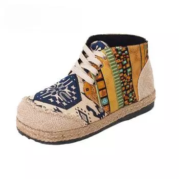 Женские льняные хлопковые туфли с круглым носком и вышивкой ручной работы на шнуровке и цветочным принтом, ботильоны для женщин 35 синий