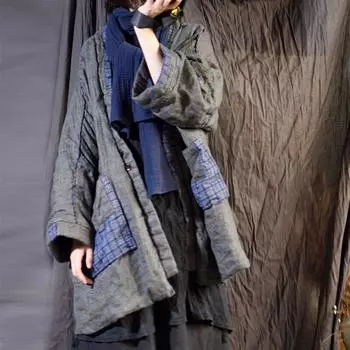 Женские льняные клетчатые лоскутные винтажные длинные пальто с карманами, осень-зима, повседневные женские толстые пальто с длинными рукавами One Size серый