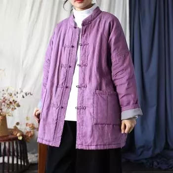 Женские льняные парки в китайском стиле, зимние пальто с длинными рукавами и карманами, женские теплые парки One Size светло-желтого