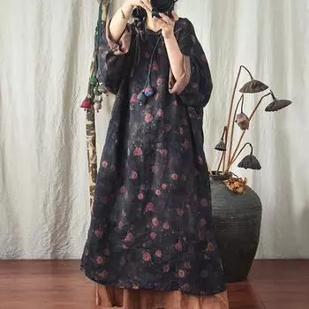 Женские льняные платья в китайском стиле, халаты с круглым вырезом и длинными рукавами, осенняя одежда, платья высокого качества с цветочным принтом One Size чёрный