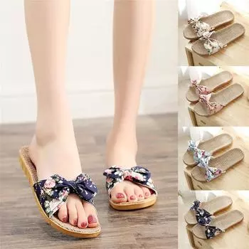 Женские льняные шлепанцы с бантом, пляжная обувь, сандалии, тапочки 35 чёрный