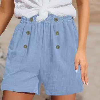 Женские льняные шорты, летние пляжные повседневные удобные шорты с эластичной резинкой на талии, легкие шорты с карманами, повседневные шорты XXL синий