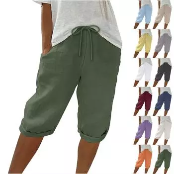 Женские льняные шорты, повседневные шорты с высокой талией, шорты на шнурке с карманами L