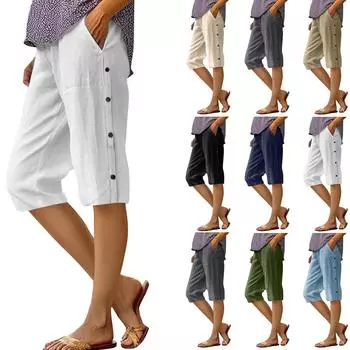 Женские льняные шорты, повседневные шорты с высокой талией, шорты на шнурке с карманами S