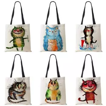 Женские льняные сумки с кошачьим принтом, повседневные дорожные пляжные подарочные пакеты