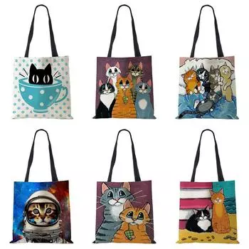 Женские льняные сумки с кошачьим принтом, повседневные дорожные пляжные подарочные пакеты