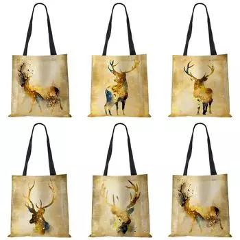 Женские льняные сумки с принтом оленя, повседневные дорожные пляжные подарочные пакеты