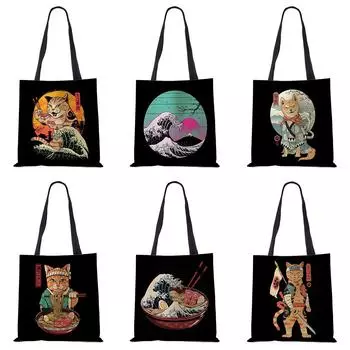 Женские льняные сумки с японским принтом кошки, повседневные дорожные пляжные подарочные пакеты