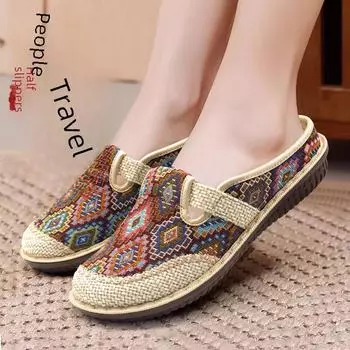 Женские льняные туфли без застежек с вышивкой в национальном стиле - дышащие, с мягкой подошвой, дизайн из ткани Old Beijing 40 зелёный