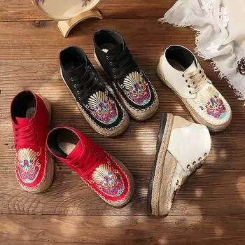 Женские льняные туфли на плоской подошве с вышивкой в этническом стиле, легкие, удобные, дышащие, на шнуровке, нескользящие 35