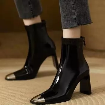 Женские лакированные ботильоны на толстом каблуке с нескользящей молнией сзади, модные туфли на высоком каблуке с сексуальным металлическим носком, однотонные 34