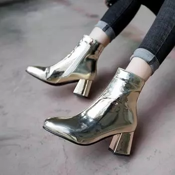 Женские лакированные сапоги золотистого металлического цвета на массивном высоком каблуке, серебристые ботильоны на молнии, осенне-зимняя обувь для женщин 33