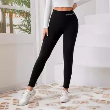 Женские леггинсы, эластичные, с высокой талией, вышитые буквы, узкие брюки для йоги в спортивном стиле, утягивающие брюки на осень-зиму XL чёрный