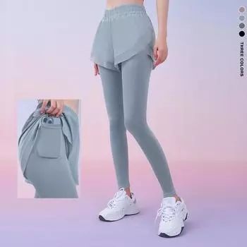 Женские леггинсы для фитнеса и тенниса с юбкой, эластичные леггинсы для йоги с карманами, спортивные брюки для спортзала S светло-синий