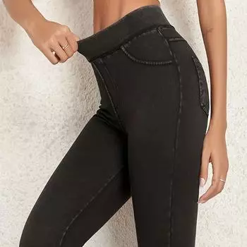 Женские леггинсы для йоги из искусственного денима, фитнес-леггинсы с эластичной тканью, модные обтягивающие леггинсы с высокой посадкой, брюки для тренировок в зале и бега XL чёрный