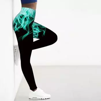 Женские леггинсы для занятий йогой, фитнесом, бегом, спортом, активными штанами с зеленым принтом пламени XS синий