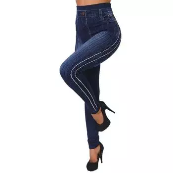 Женские леггинсы из искусственного денима, хлопковые модные штаны в горошек с высокой талией сбоку S чёрный