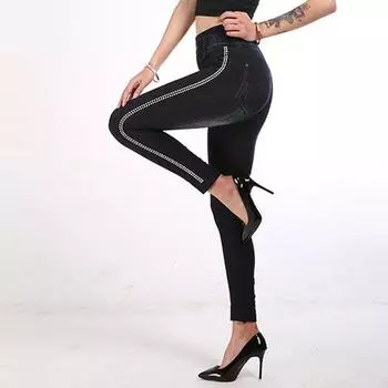 Женские леггинсы из искусственного денима, хлопковые модные штаны в горошек с высокой талией сбоку